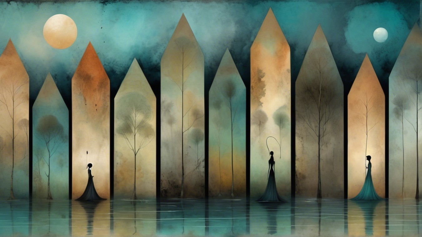 Surreal Landscape with Elegant Figures and Stylized Trees