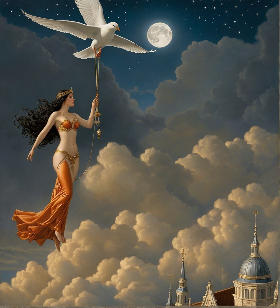 Mythical Figure Above Cityscape with White Bird