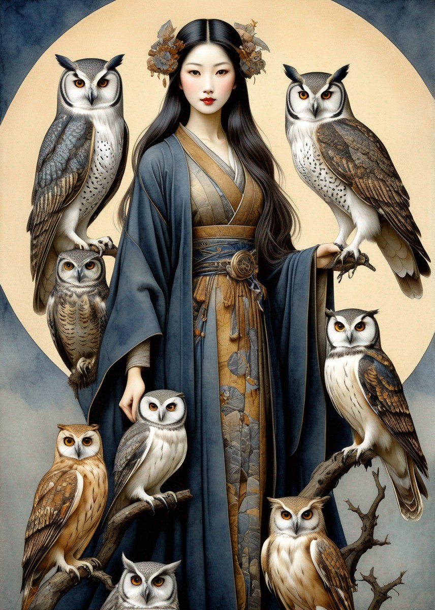 Serene Woman in Traditional Attire with Owls and Moon