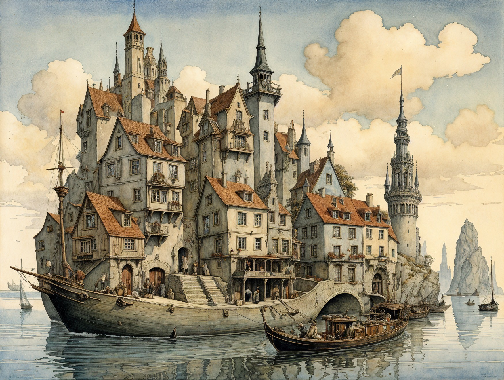 Whimsical Floating Village with Nautical Architecture