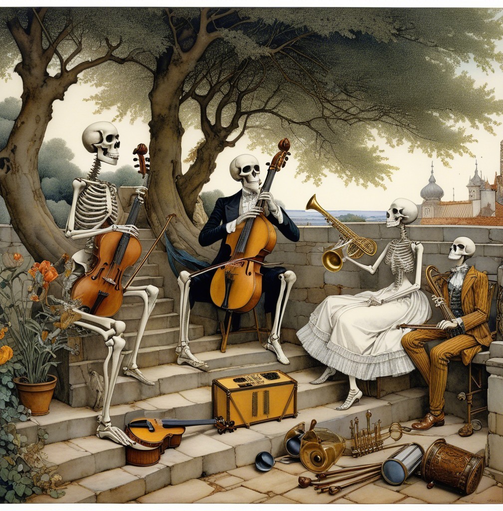 Skeletons Playing Instruments in Serene Outdoor Scene
