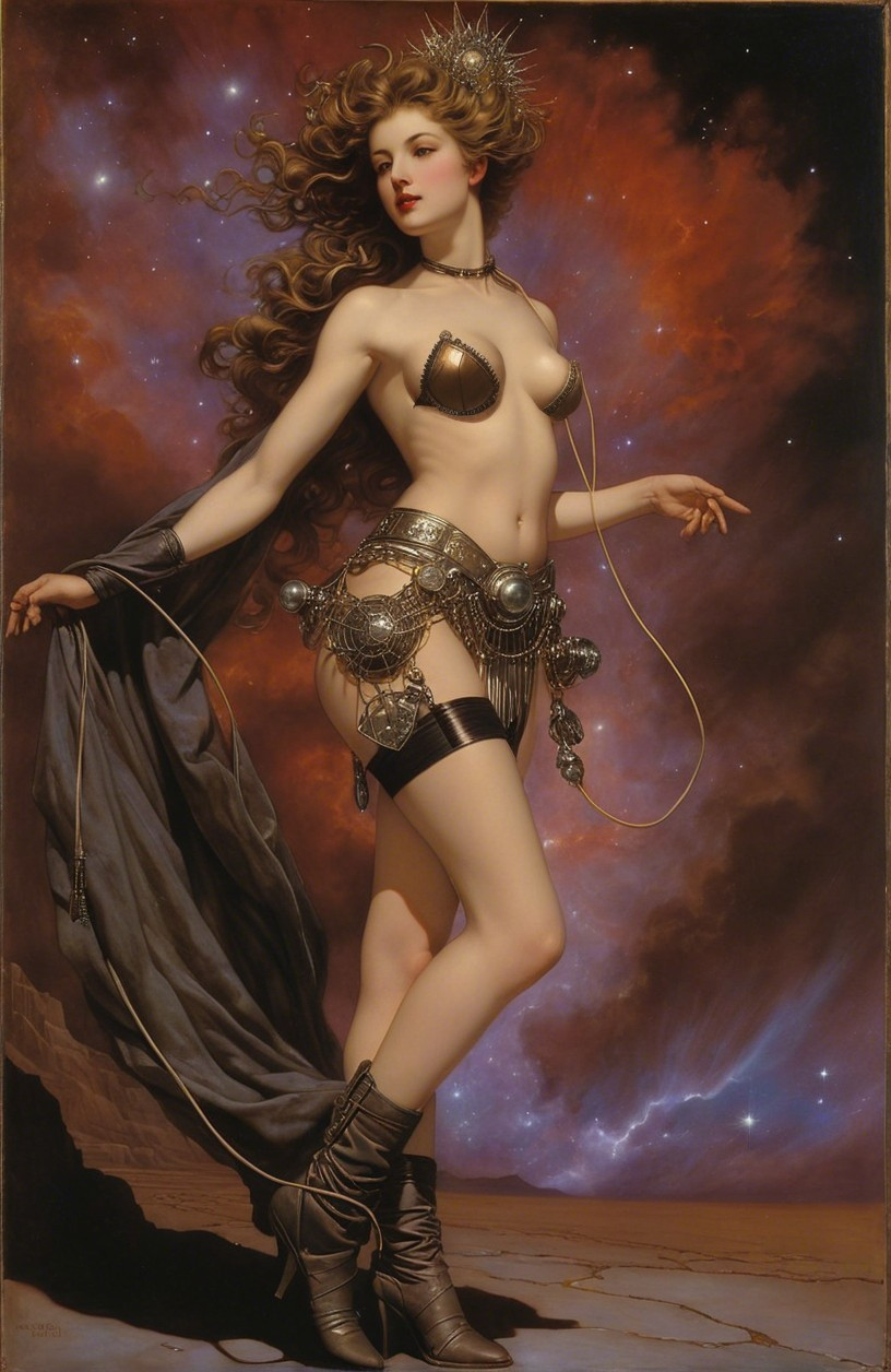 Elegant Figure in Cosmic Backdrop with Metallic Armor