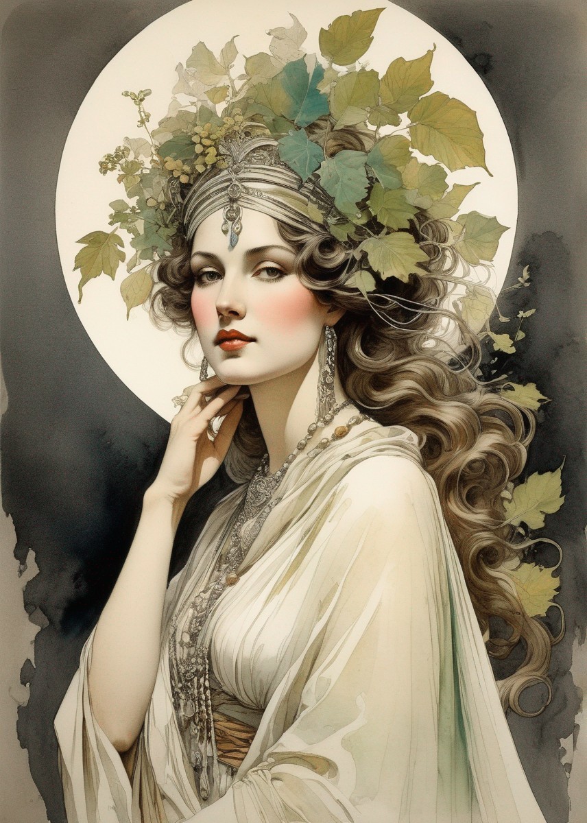 Illustrated woman with flowing hair and leafy tiara in vintage attire against circular halo backdrop