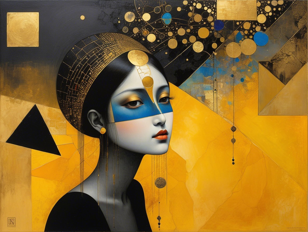 Serene Female Figure with Blue Mask and Gold Background