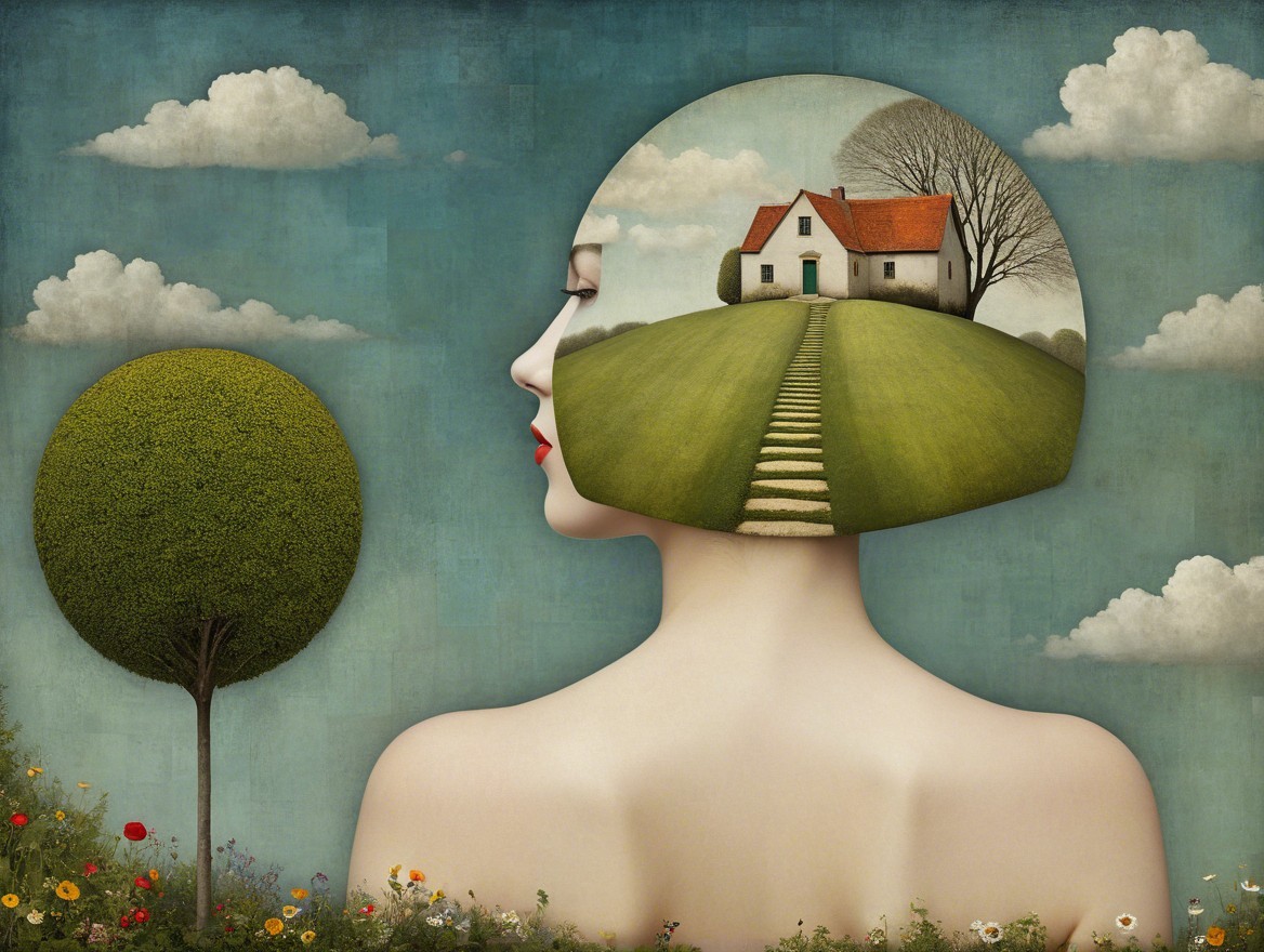 Surreal Landscape Inside Woman's Profile with Nature Elements