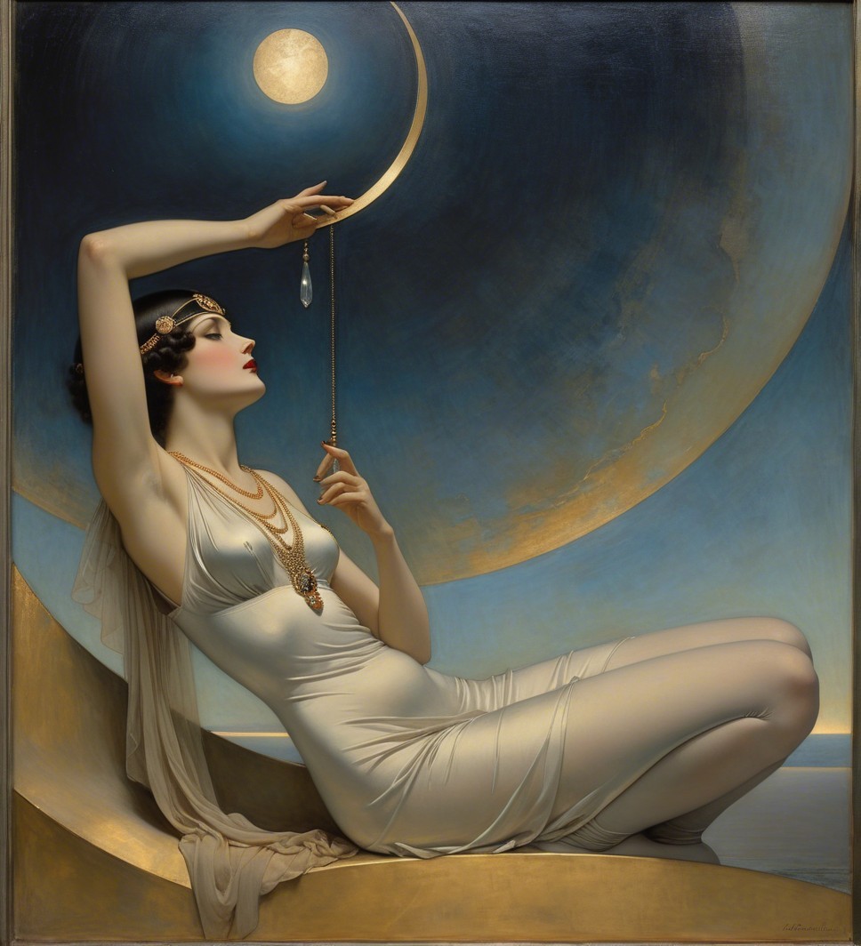 Elegant Woman on Crescent Moon in Serene Sky