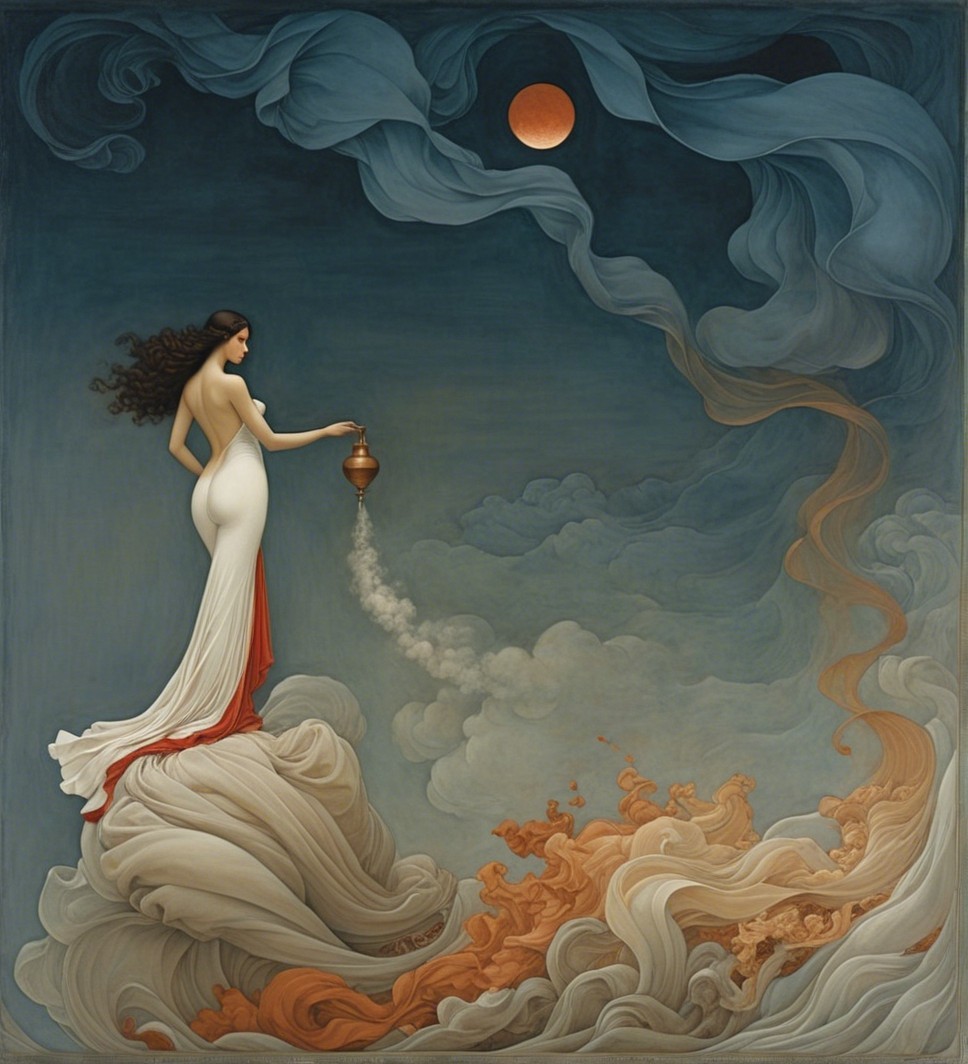 Ethereal Woman in White Gown on Billowy Cloud