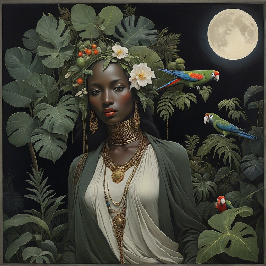 Portrait of a woman with tropical foliage and flowers