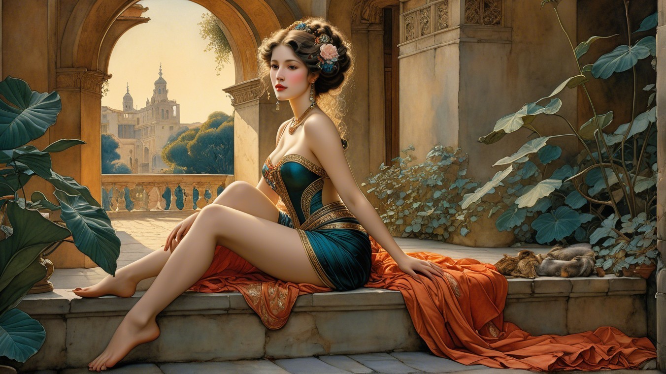 Elegant Woman in Turquoise Gown in Sunlit Archway