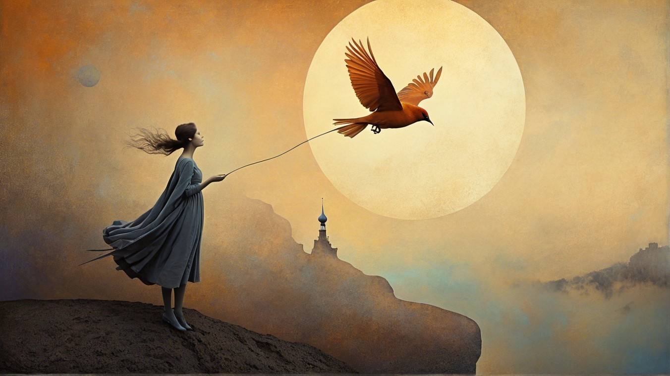 Young girl with orange bird under golden moonlight