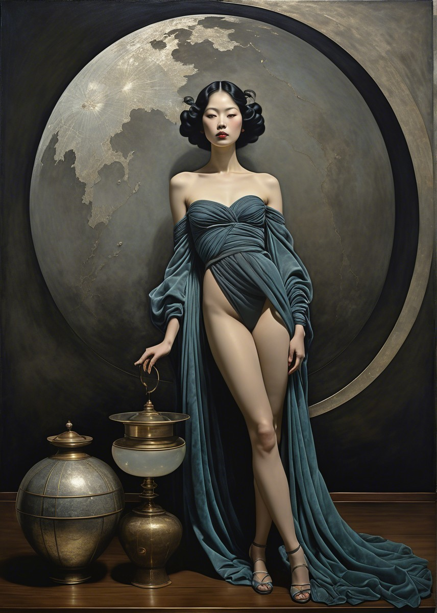 Elegant Woman Beside Ornate Vases and Moon Backdrop