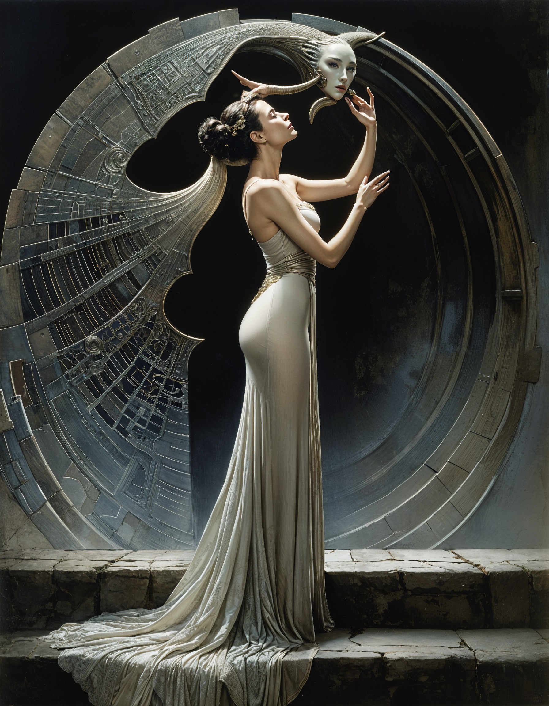 Surreal Scene of Woman with Mask in Elegant Gown