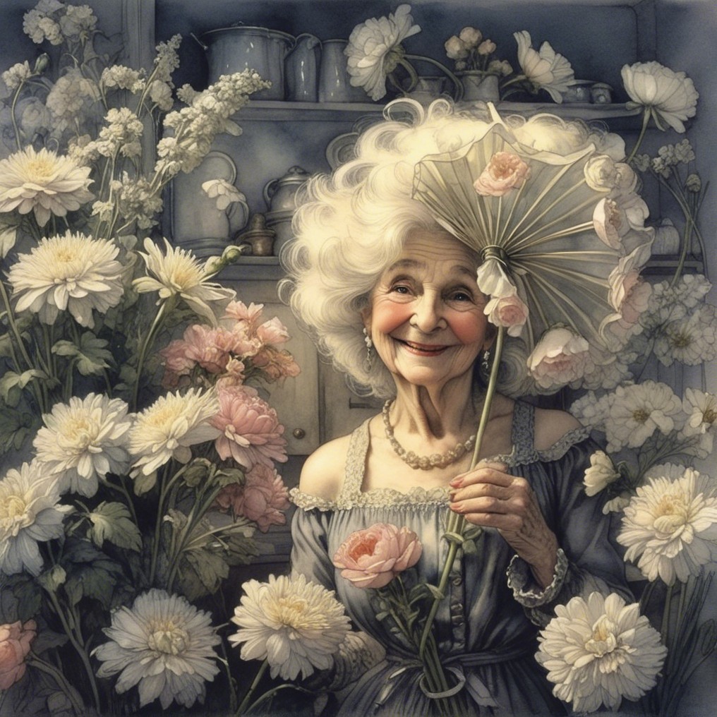 Elderly Woman in Lush Garden with Parasol and Flowers