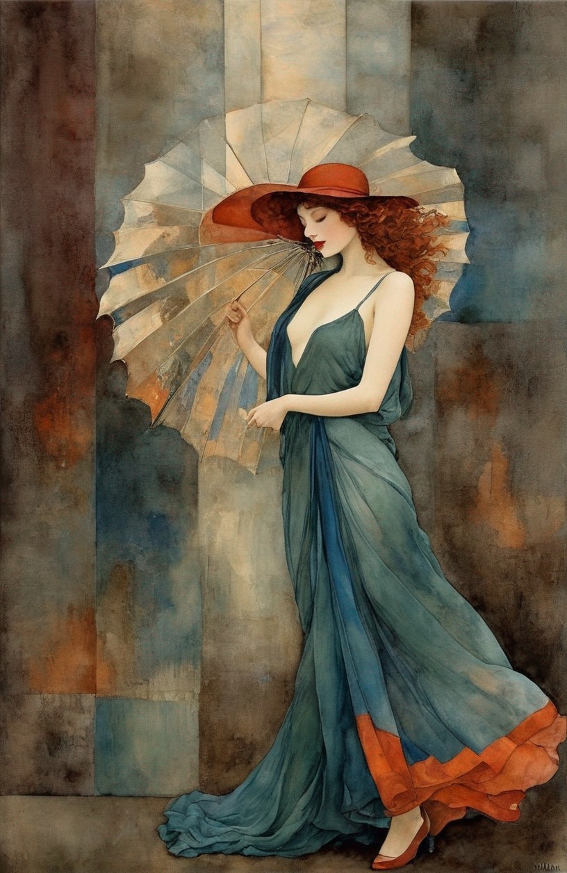 Stylized Painting of Woman in Blue Dress and Hat