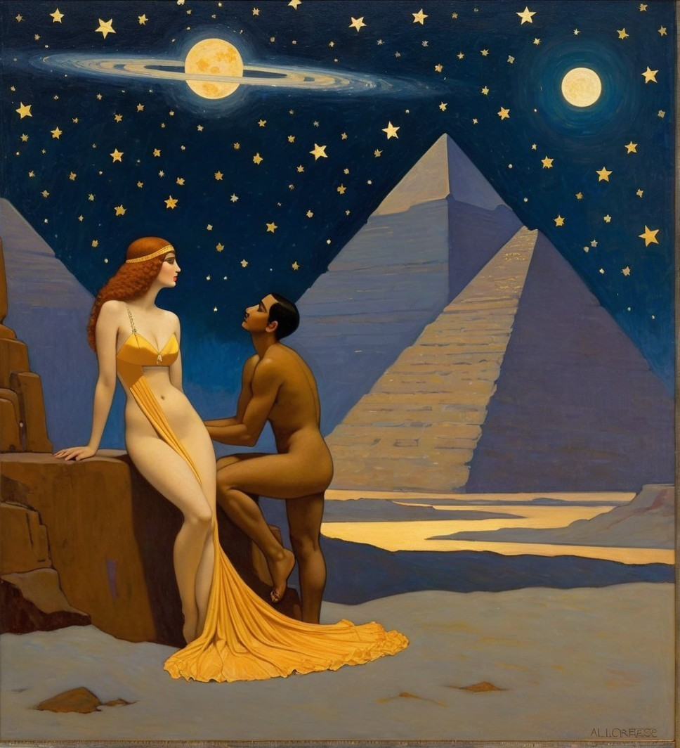 Romantic Scene with Figures Under Starry Night Sky