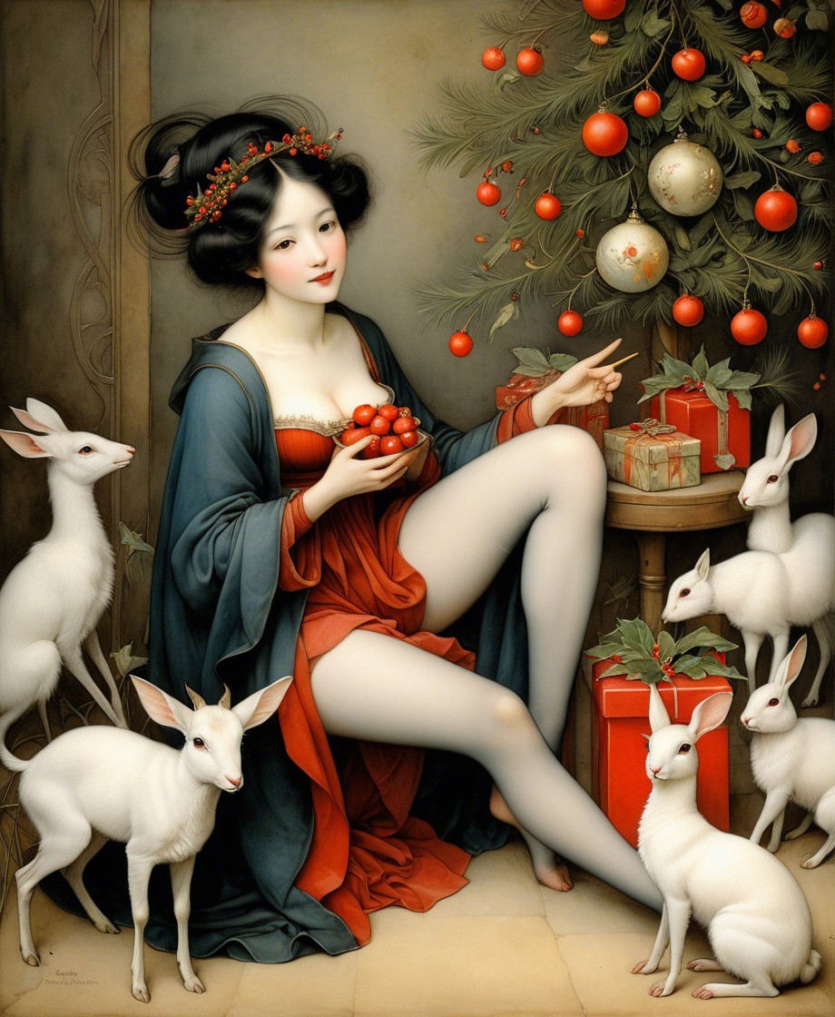 Whimsical Holiday Scene with Gifts and Rabbits