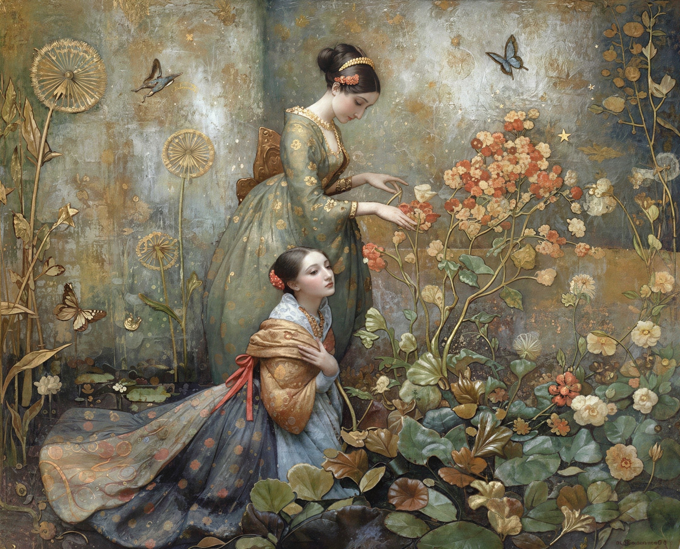 Women in Traditional Garments in Enchanted Garden