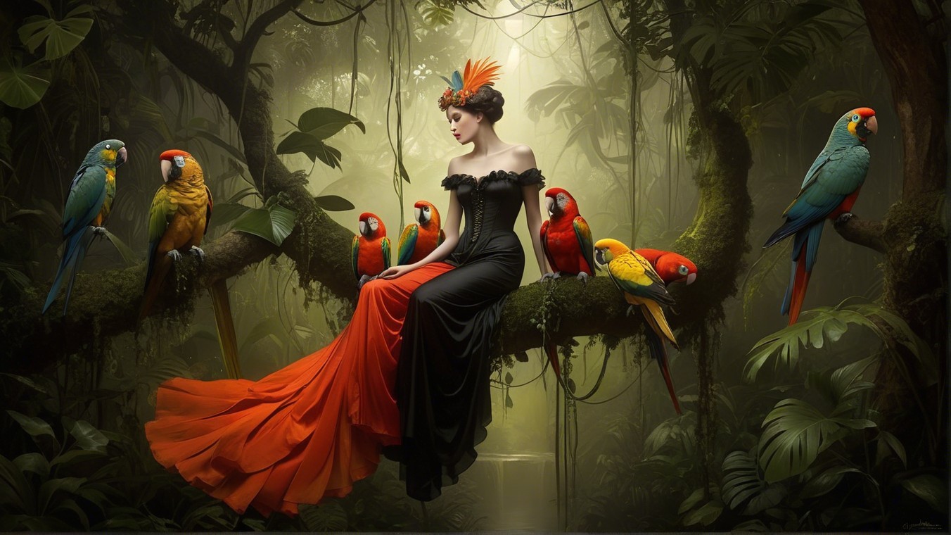 Jungle Scene with Woman in Black and Orange Gown