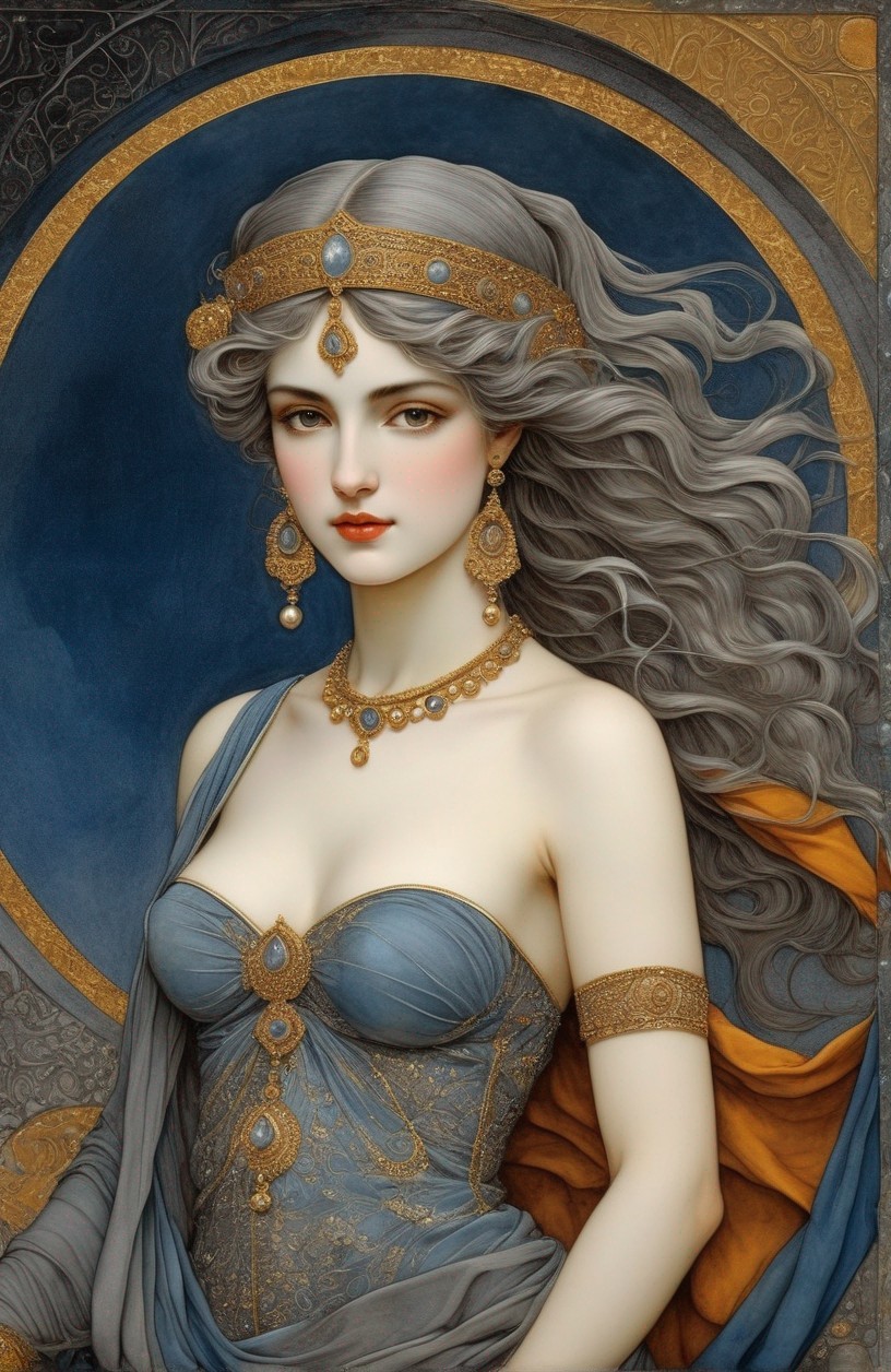 Illustration of a woman with grey hair and jewelry