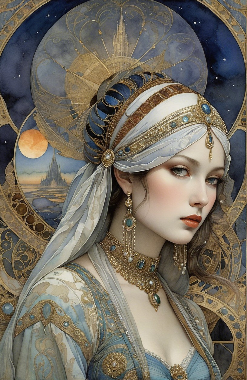Woman in Ethnic Attire with Mystical Landscape Background