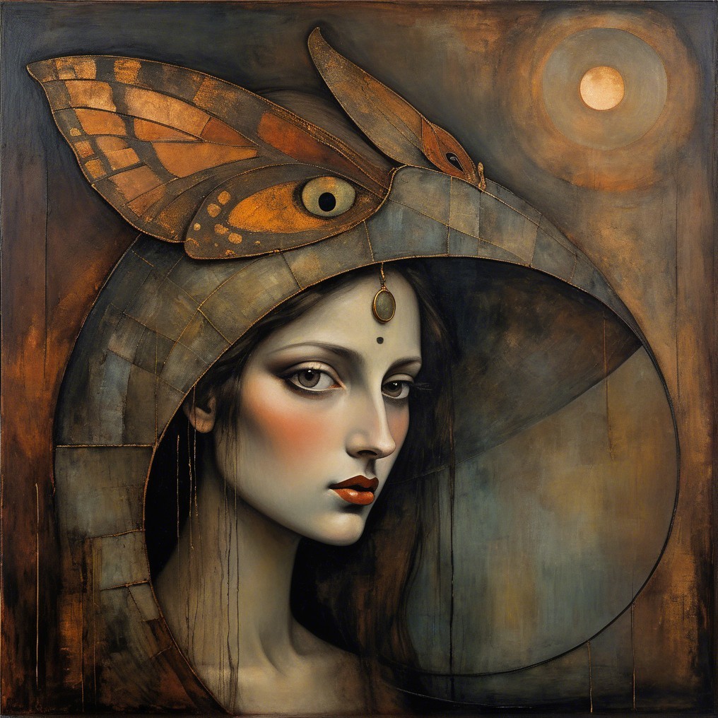 Serene Woman with Serpent Headpiece and Butterflies