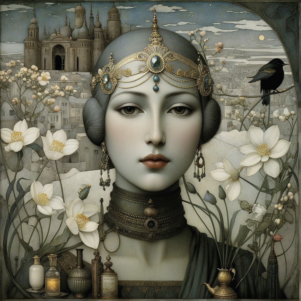 Ethereal Woman in Whimsical Landscape with Jewelry