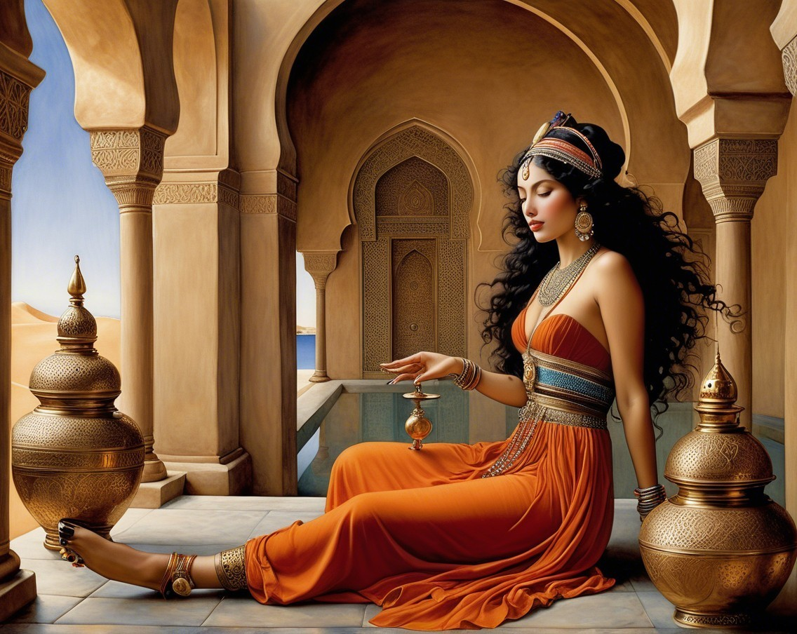 Serene Woman in Ornate Setting with Orange Dress
