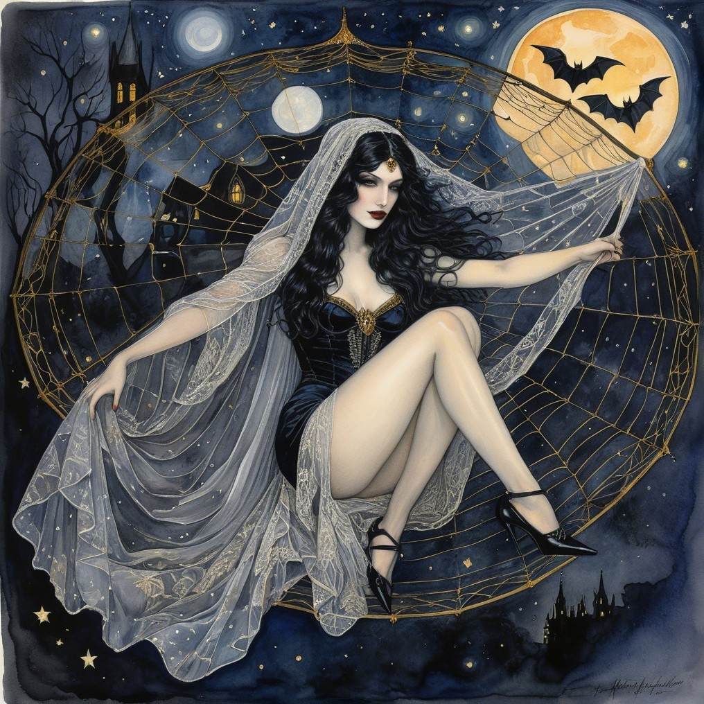 Mystical figure in a veil within a golden spider web