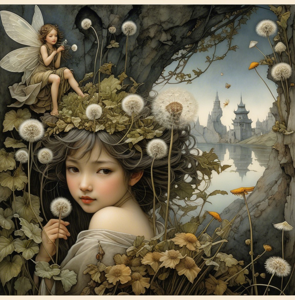 Whimsical Scene with Girl, Fairy, and Castles