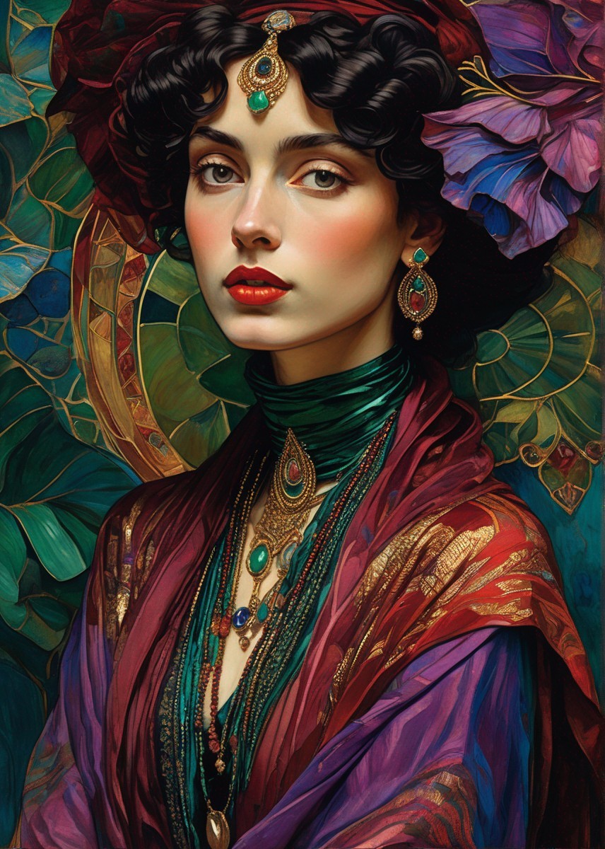 Detailed Artwork: Woman with Dark Hair in Colorful Ornate Outfit & Jewelry Against Vibrant