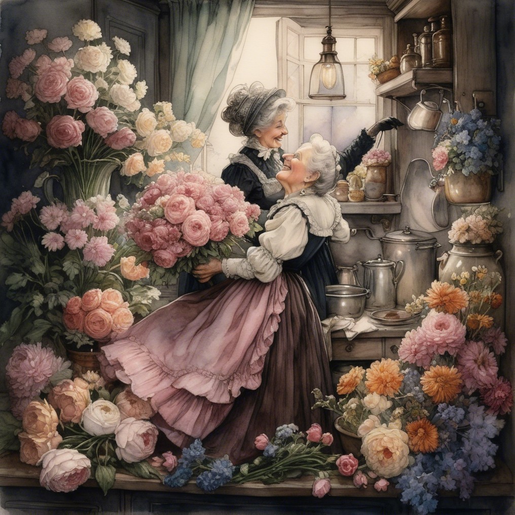 Joyful Celebration in a Cozy Flower Shop Setting