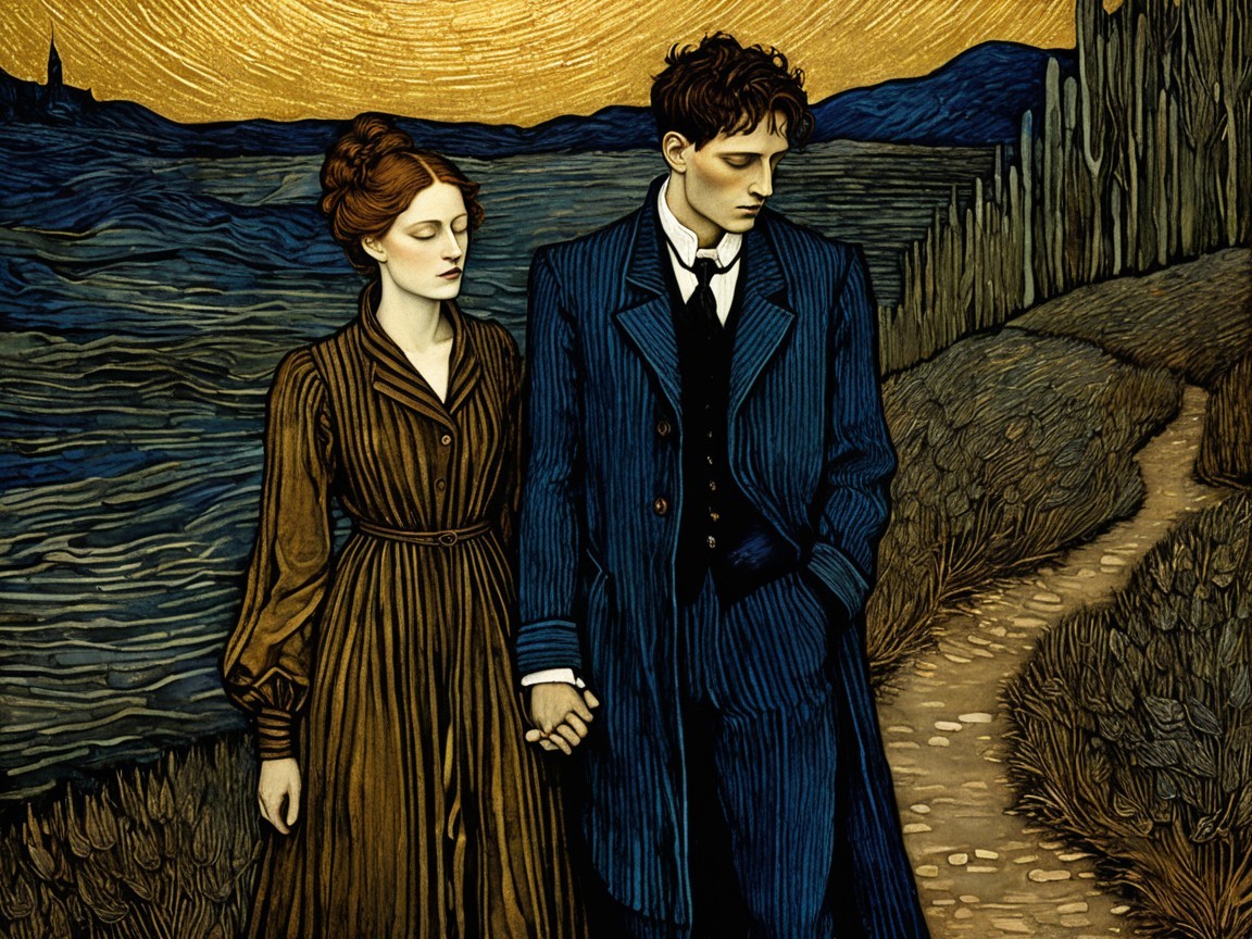 Melancholic couple walking in a vibrant landscape