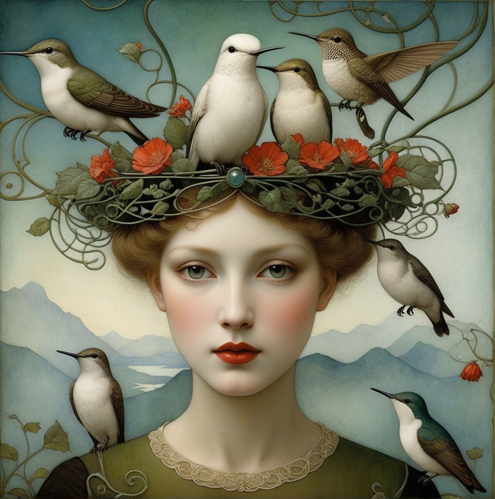 Serene Woman with Floral Crown and Birds in Nature