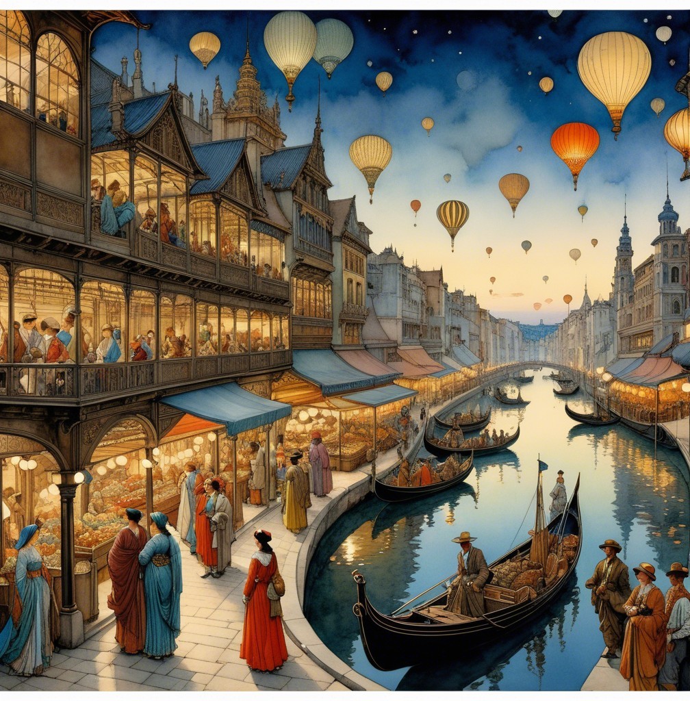 Evening Scene at a Canal with Gondolas and Balloons