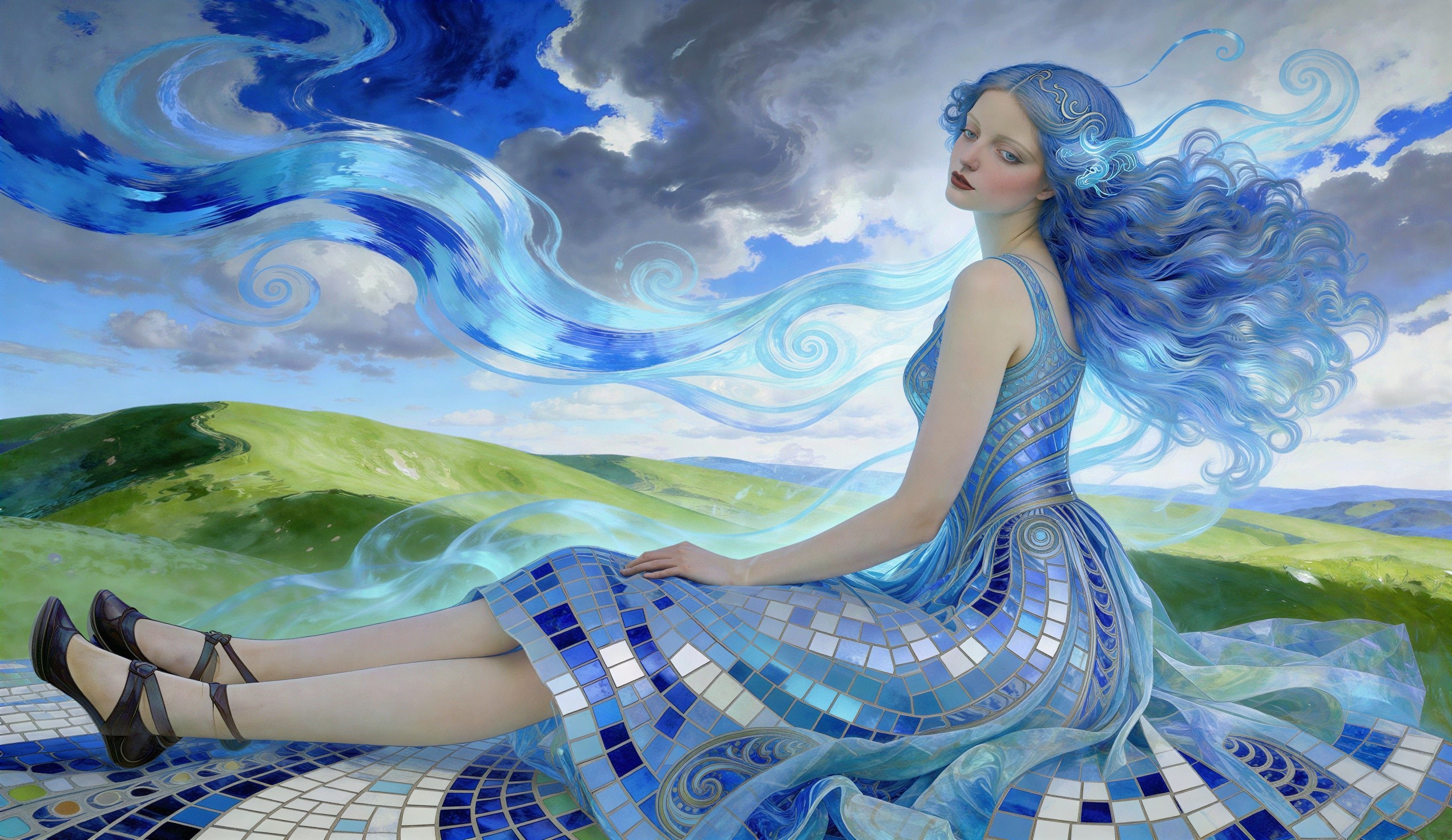 Watercolor Painting of Young Woman with Blue Hair