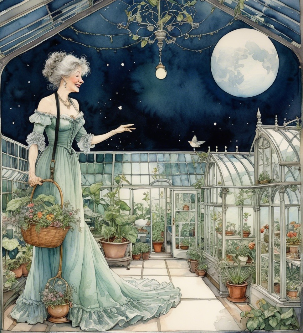 Woman in Mint-Green Gown in Lush Greenhouse Scene