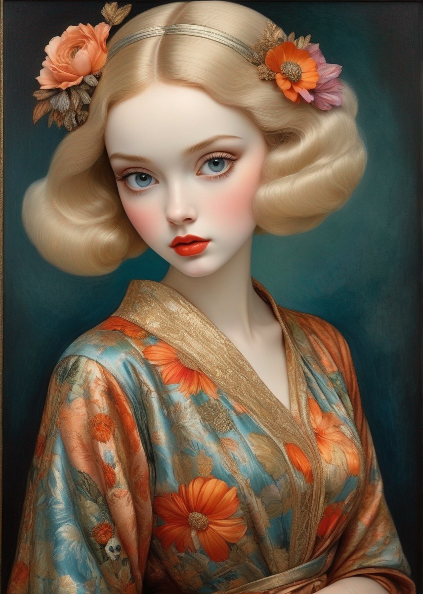 Portrait of a Young Woman in Floral Kimono