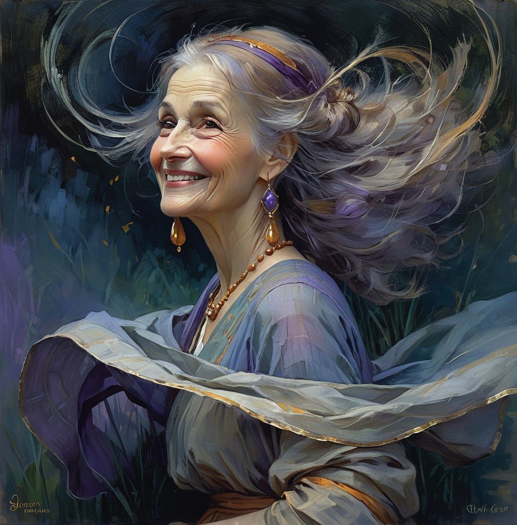 Joyful Elderly Woman in Elegant Gown and Jewelry