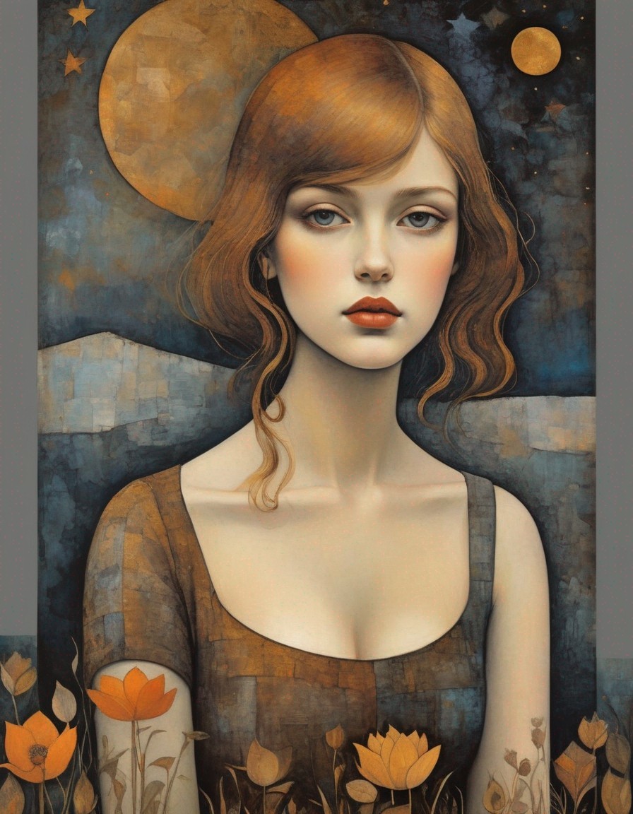 Stylized portrait of young woman with large eyes in night sky setting