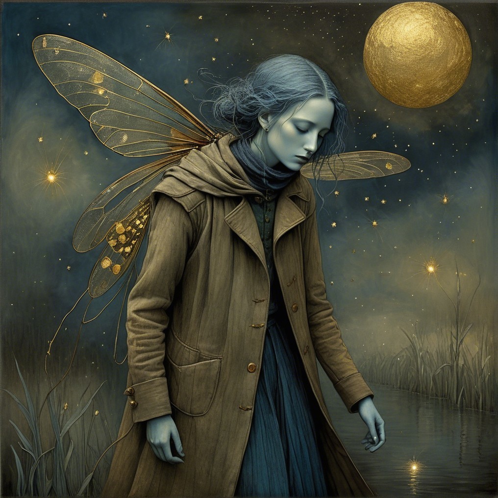 Serene Figure by Tranquil Waterway with Butterfly Wings
