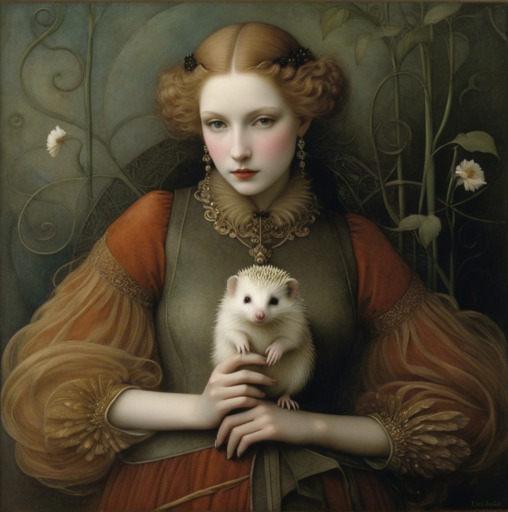Young Woman in Vintage Gown with Hedgehog in Whimsical Setting