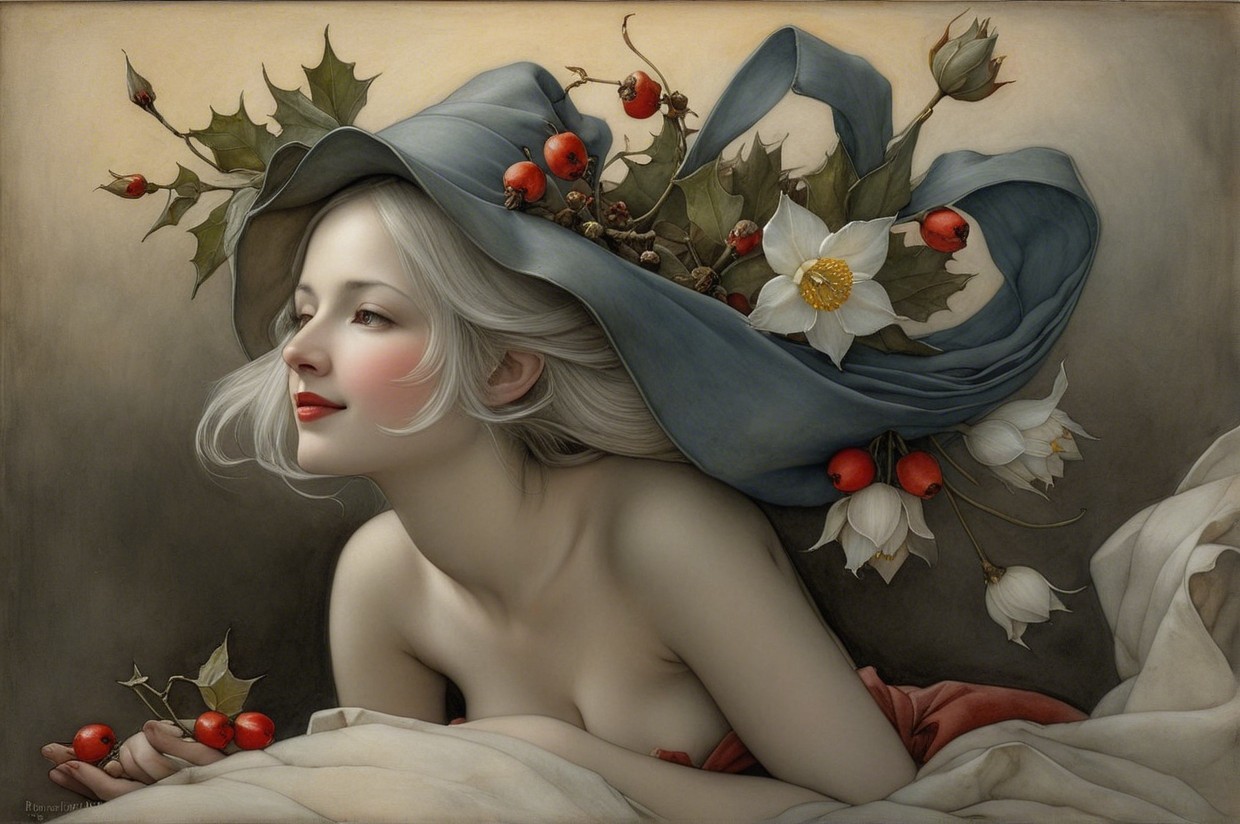 Serene Young Woman with Silver Hair and Decorative Hat