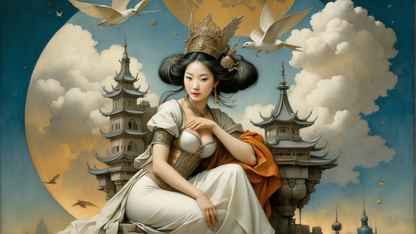 Serene Woman in Traditional Attire Amidst Pagodas