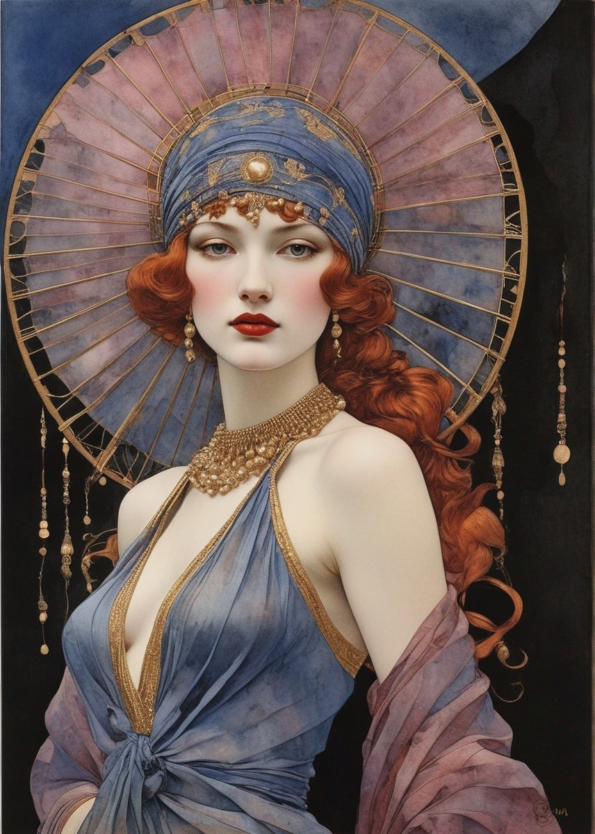 Illustration of a Woman with Red Hair and Blue Headpiece