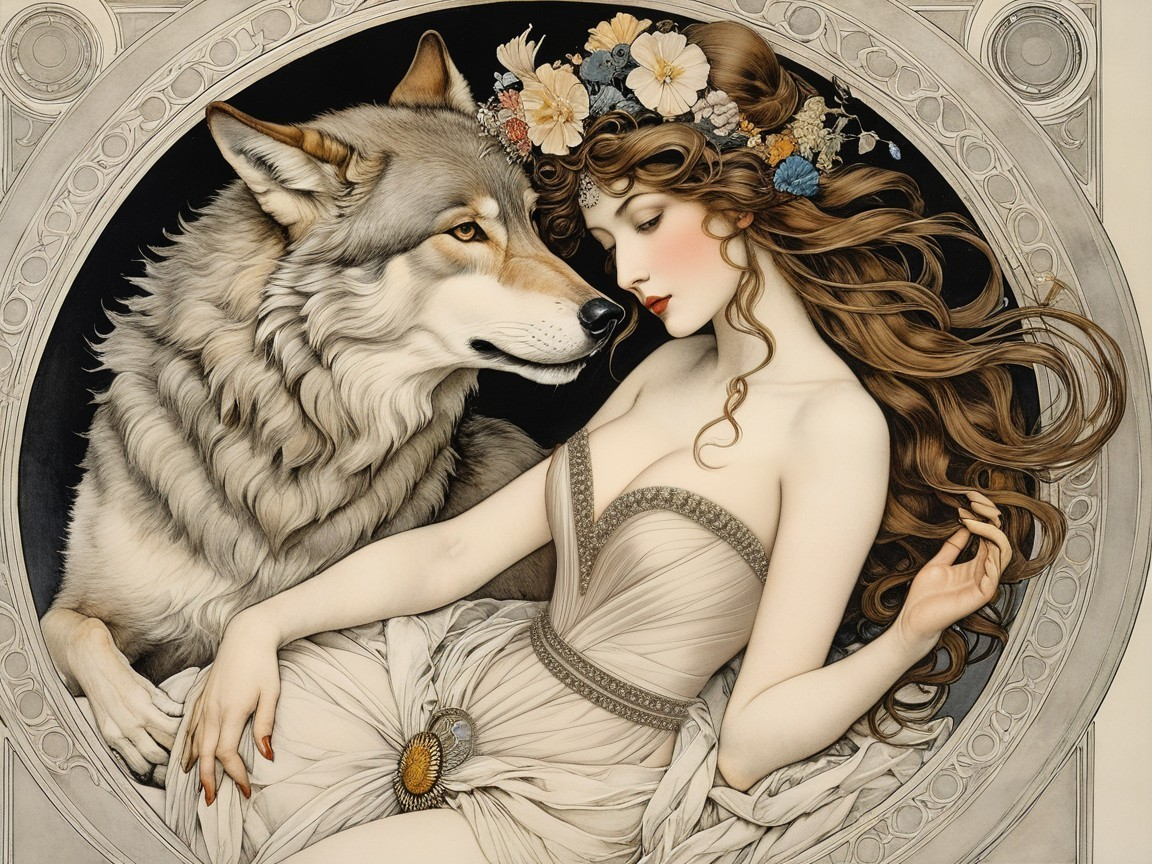 Serene Scene of Woman and Wolf in Nature's Harmony
