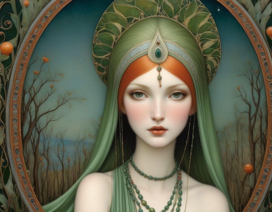 Mystical Woman with Red Hair in Nature-Inspired Frame