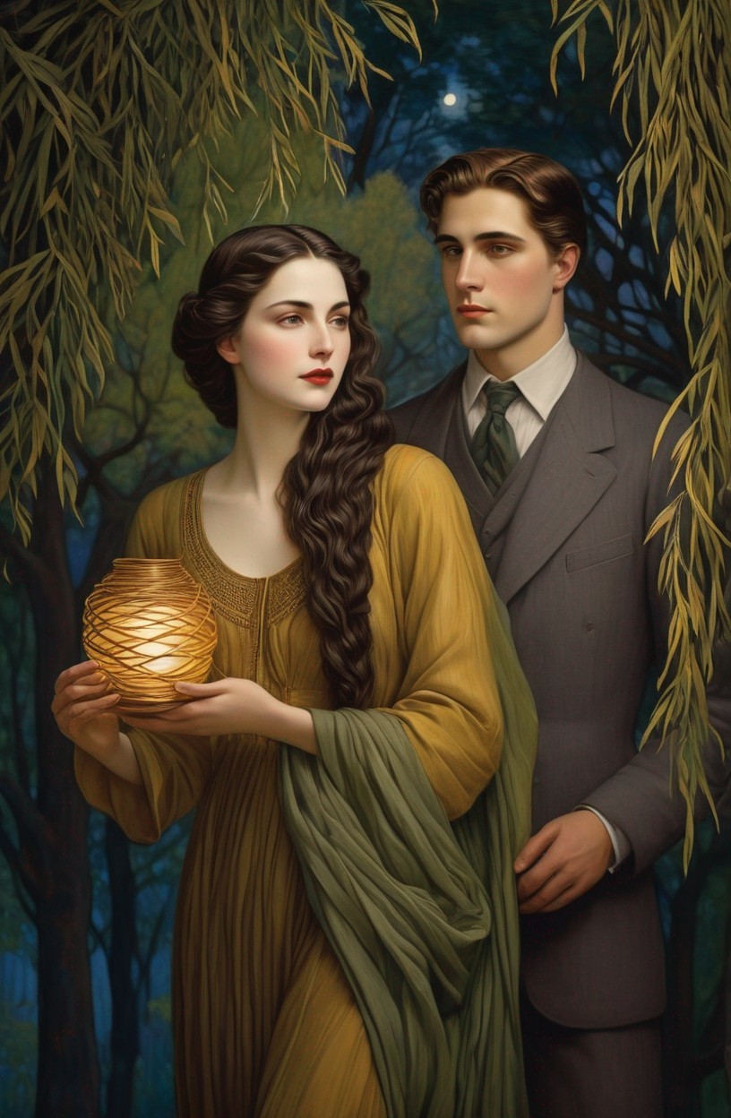 Mystical Forest Scene with Woman and Man in Elegance
