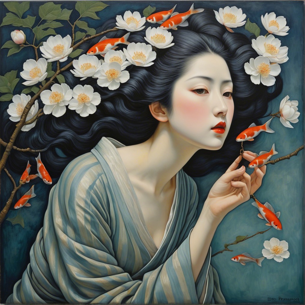 Serene Woman with Goldfish in Striped Kimono