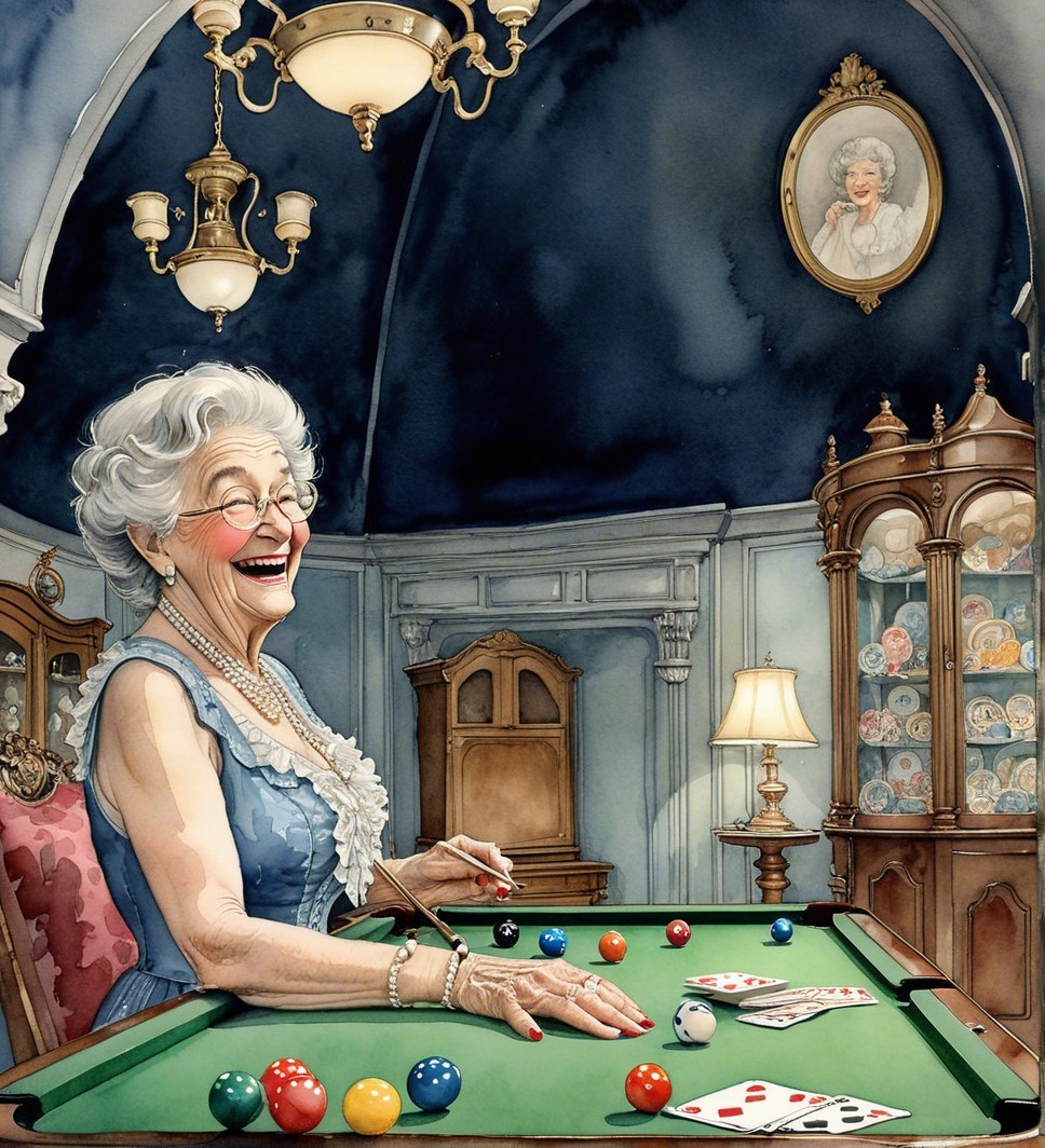 Elderly Woman at Vintage Pool Table with Colorful Balls