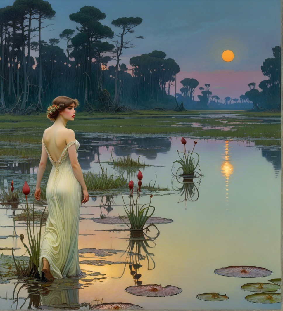 Twilight Wetland Scene with Young Woman in Yellow Dress